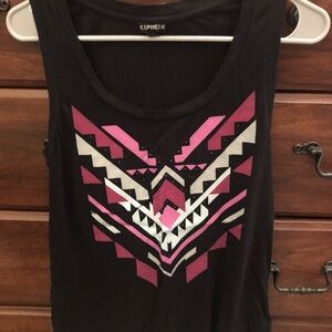 Express Black and Pink Aztec Jewled Graphic Muscle Tank Top